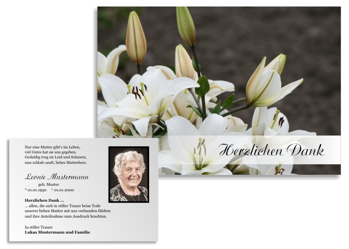 Lilie, Calla. Danksagungen Trauer nach Beerdigung, Todesfall und im Trauerfall
