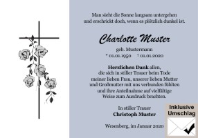 Kreuz, Trauerkreuz und christliche Symbole. Danksagungen Trauer nach Beerdigung, Todesfall und im Trauerfall