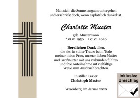 Kreuz, Trauerkreuz und christliche Symbole. Danksagungen Trauer nach Beerdigung, Todesfall und im Trauerfall