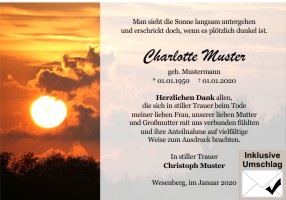 Sonnenuntergang und Sonnenaufgang. Danksagungen Trauer nach Beerdigung, Todesfall und im Trauerfall