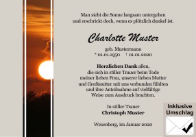 Sonnenuntergang und Sonnenaufgang. Danksagungen Trauer nach Beerdigung, Todesfall und im Trauerfall