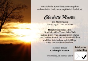 Sonnenuntergang und Sonnenaufgang. Danksagungen Trauer nach Beerdigung, Todesfall und im Trauerfall