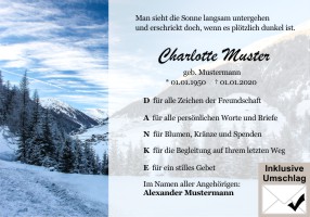 Winter, Winterberge, Wintermoptive, Schnee. Danksagungen Trauer bei Sterbefall, Todesfall, Beerdigung und Trauerfall