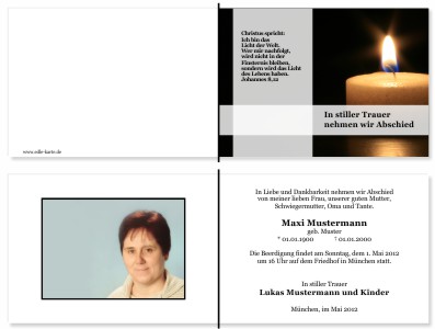 Kerzen, Kerzenschein, Kerzenlicht. Persönliche Trauerdankeskarten nach Trauerfall, Beerdigung und Todesfall