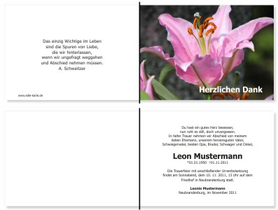Lilie, Calla, Sonnenblume. Persönliche Trauerdankeskarten nach Trauerfall, Beerdigung und Todesfall