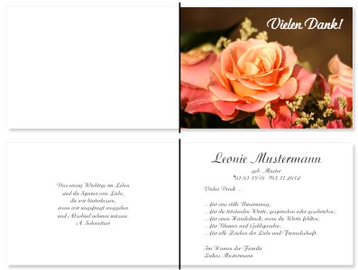 Weiße und rote Rosen, Rosenblüten. Persönliche Trauerdankeskarten nach Trauerfall, Beerdigung und Todesfall