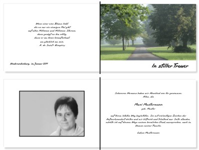 Wald, Waldweg, Bäume, Allee. Persönliche Trauerdankeskarten nach Trauerfall, Beerdigung und Todesfall