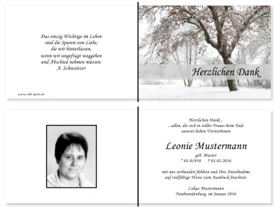 Winter, Winterlandschaft, Schnee. Persönliche Trauerdankeskarten nach Trauerfall, Beerdigung und Todesfall